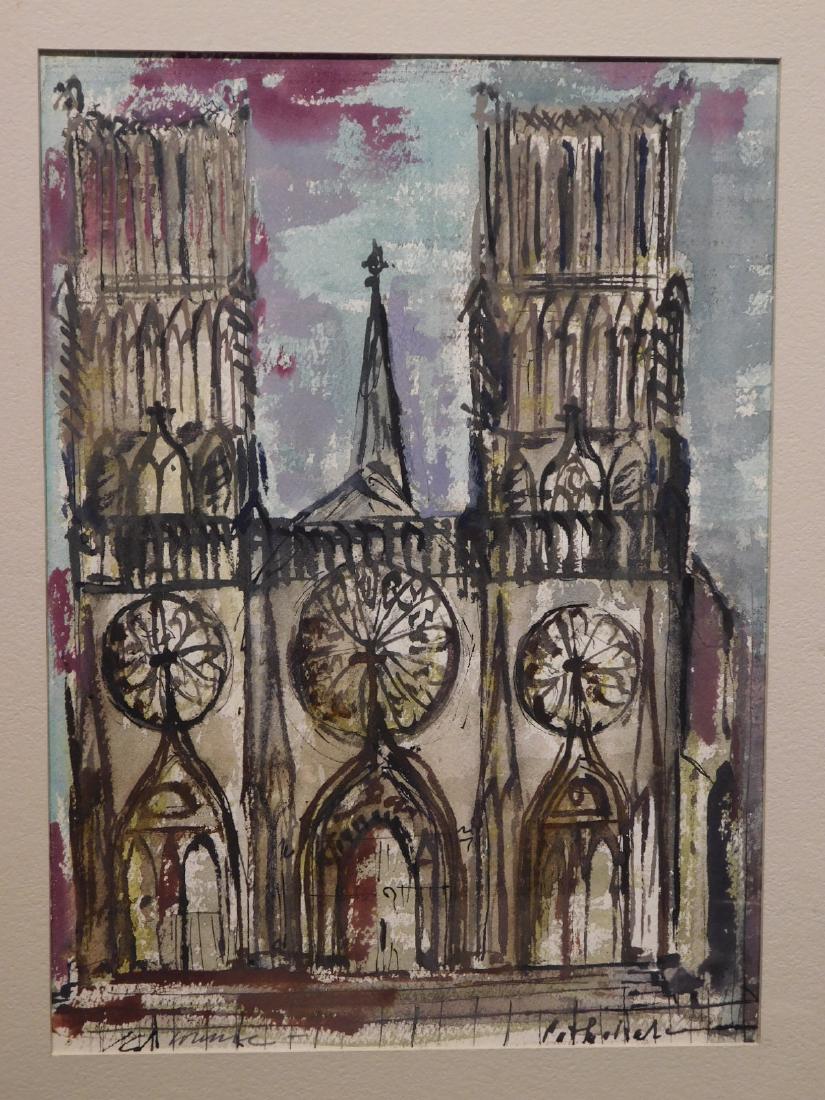 John Lorence: Notre Dame Cathedral, Paris: John Lorence: Notre Dame Cathedral, Paris, watercolor on paper, installed in a presentation mat, signed on front and back, dated August, 1955. Dimensions: 20.25x16 in. board, 13x9.5 in. paperbr>