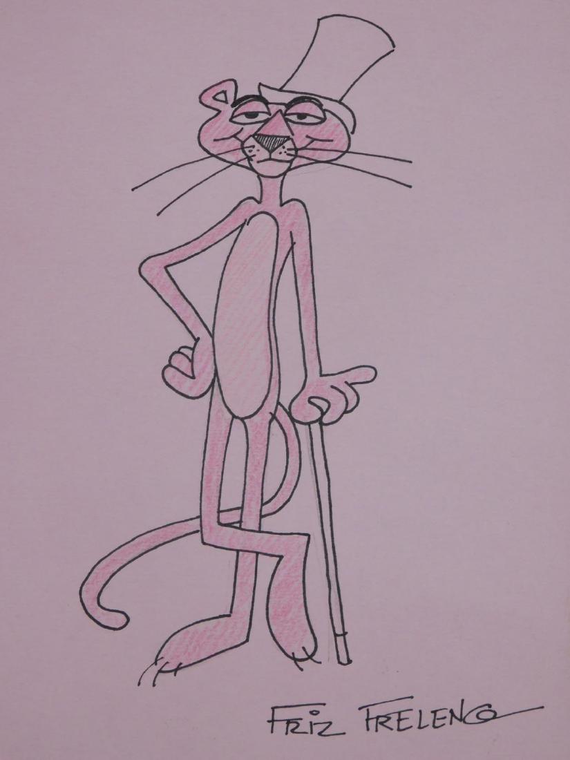 Friz Freleng: Pink Panther: Friz Freleng (American, 1906-1995) attributed: ink and colored pencil on paper, signed, unframed. Friz Freleng developed such notable cartoon characters as Bugs Bunny, Porky Pig, Tweety Bird, and Sylv