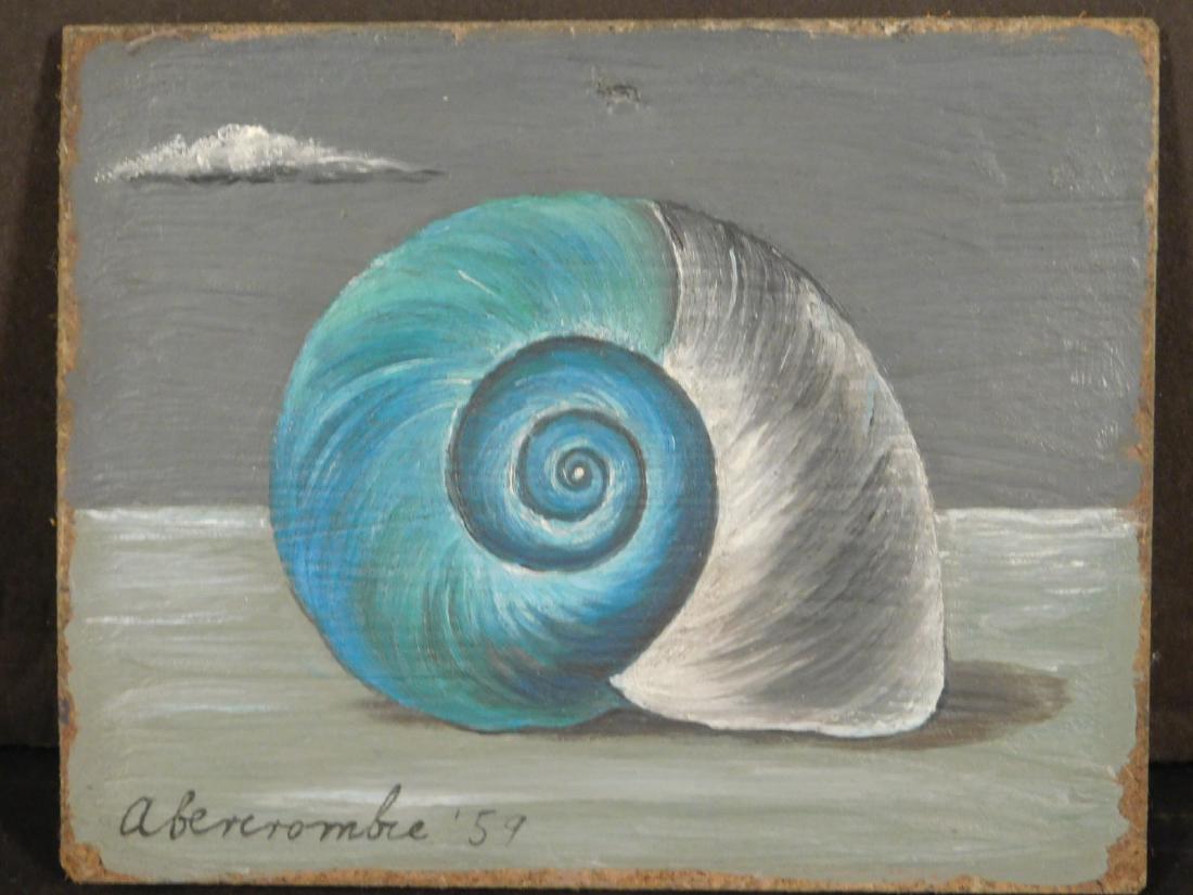 Gertrude Abercrombie: Shell, 1959: Gertrude Abercrombie (American, 1909-1977) attributed: oil on masonite, signed and dated '59, unframed. Known as the â€œQueen of the bohemian artistsâ€, Gertrude Abercrombie was a staple of the