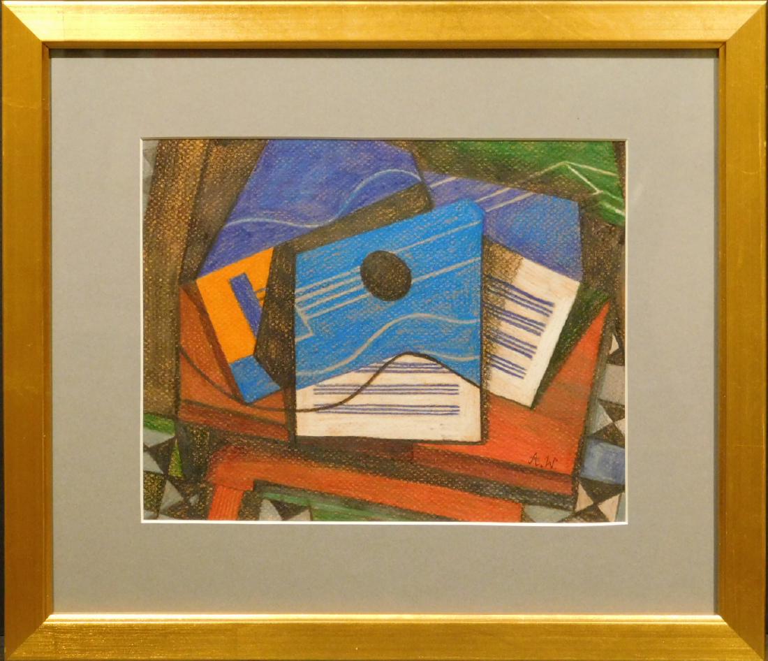 After Metzinger: Cubist Composition with Blue Guitar: After Jean Metzinger (French, 1883-1956) Manner of: Cubist Composition with Blue Guitar and Sheet Music. Colored pencil on paper, signed with initials A W, matted and framed under glass. Dimensions: 7