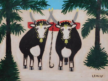 Maud Lewis: Oxen: Maud Lewis (Canadian, 1903-1970) in the manner of: Oil on board, signed bottom right, unframed. Maud Lewis is perhaps Canada's best known folk artist. After spending most of her adult life in poverty,