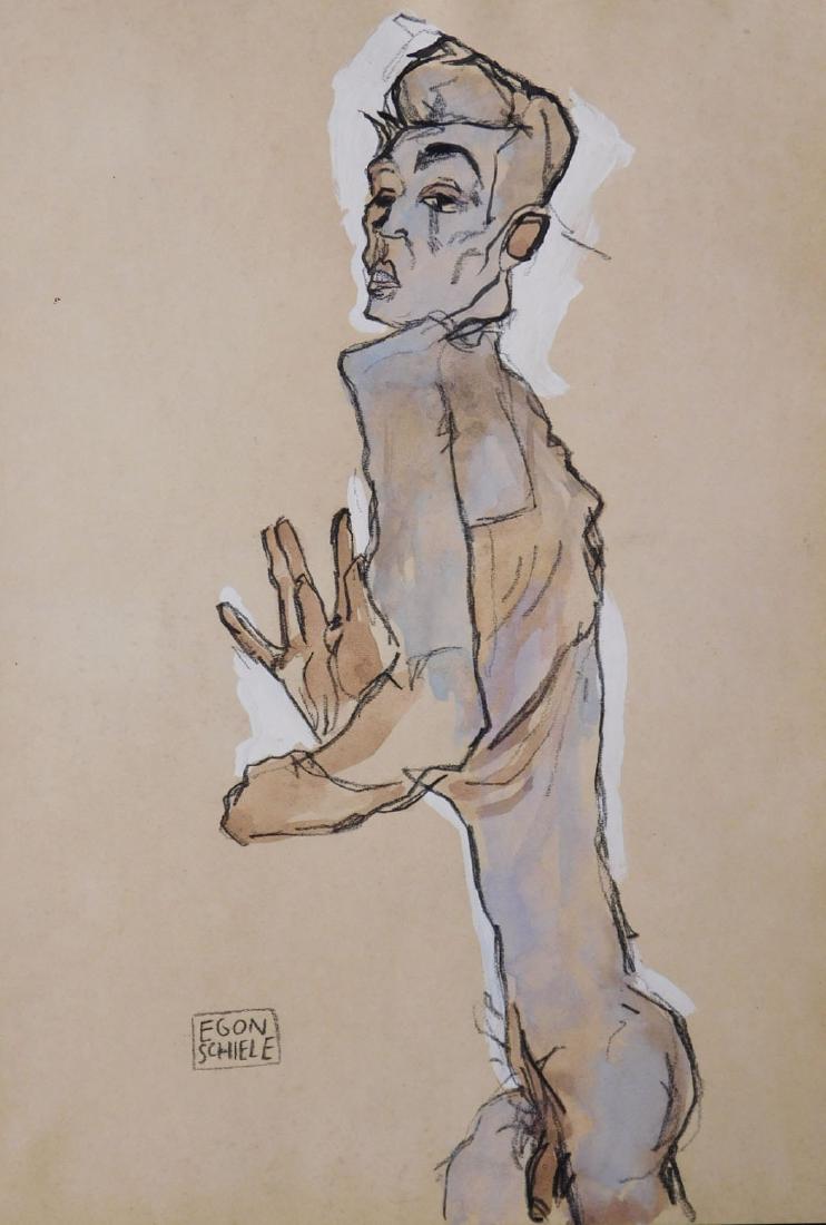 Egon Schiele: Self Portrait Study: Egon Schiele (Austrian 1890-1918) Manner of: Self Portrait Study, charcoal, gouache and watercolor on paper, signed, with certificate of authenticity from Steinmeyer Gallery, Munich, Germany Dimension
