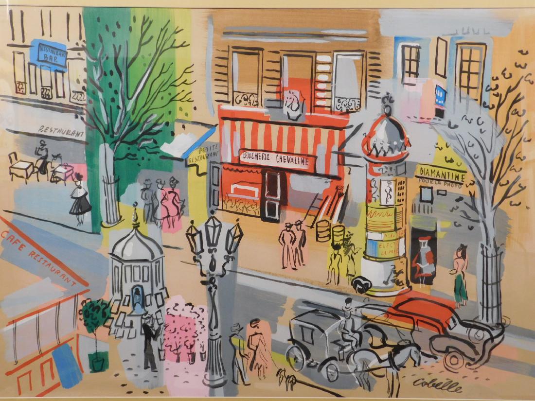 Charles Cobelle: Parisian Scene: Charles Cobelle (French 1902-1994): serigraph on paper, matted and framed, signature printed in print. Cobelle was a painter and lithographer known for his vibrant, imaginary scenes, mostly either str