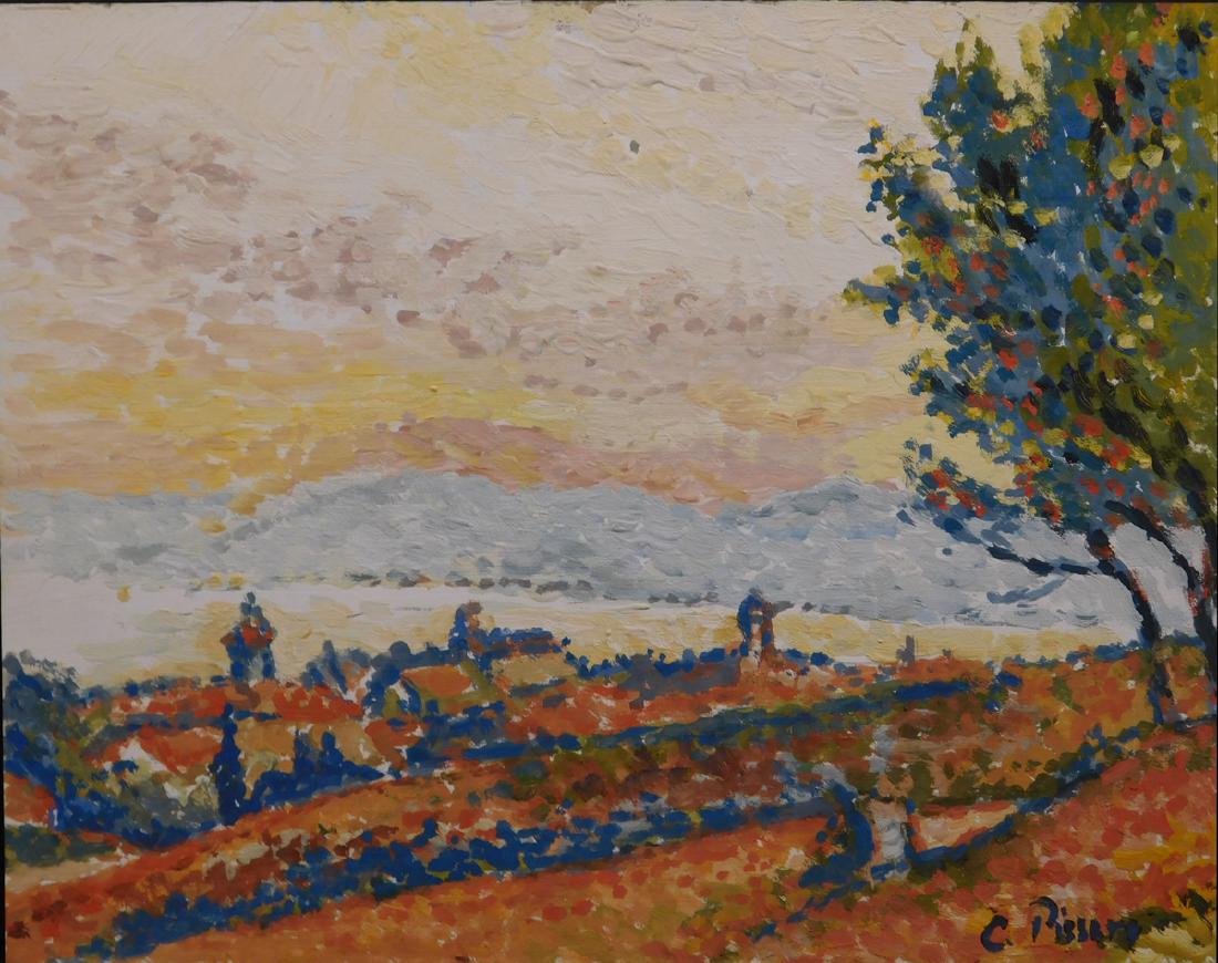 Camille Pissarro: View of a Countyside (Study): Camille Pissarro (French, 1830-1903) Manner of: View of Countyside (Study) Manner of. Tempera on paper, signed lower right, unframed. Markings from previous collector on reverse. Painting is accompani