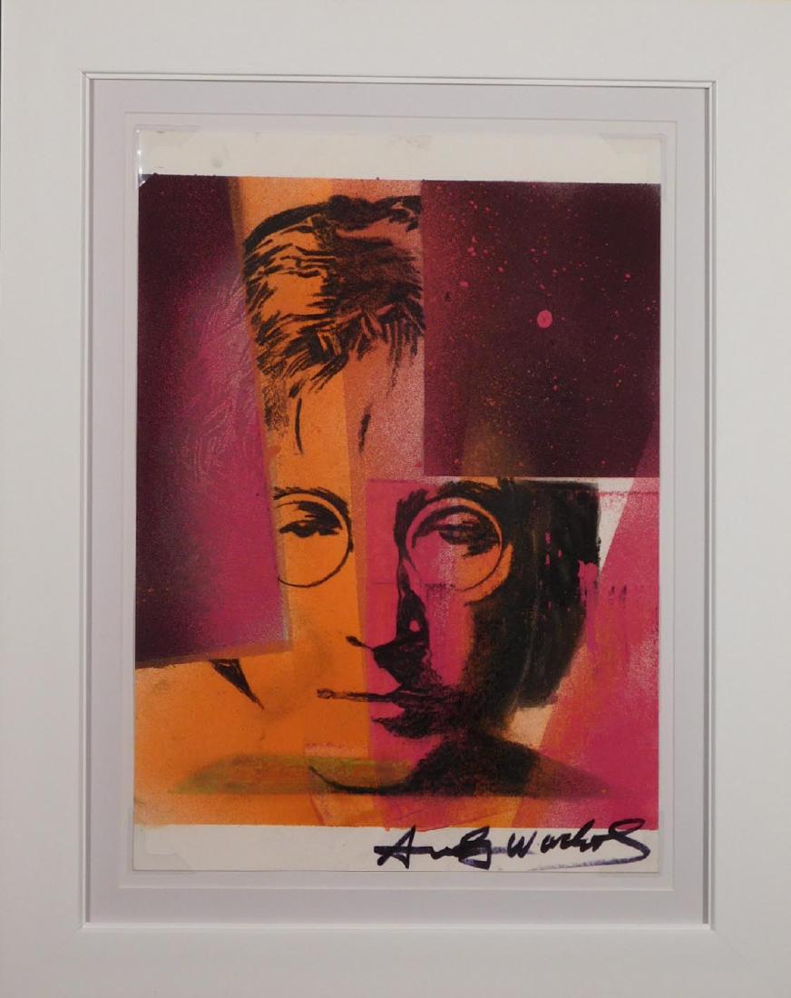 Andy Warhol: John Lennon: Andy Warhol (American, 1928-1987)Attributed: John Lennon. Mixed media (acrylic, silkscreen, ink) on paper signed lower right margin and verso, marked on reverse by reference numbers and collector's st