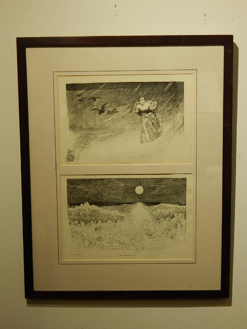 Charles Dana Gibson: Too Late! And That Restless Sea: Charles Dana Gibson (American, 1867-1944) lithographs copyright 1894, framed. Dimensions: 9 1/2 x 14 1/2" paper; 23 1/4 x 29 1/8" frame. Gibson was an American graphic artist best known for his depict