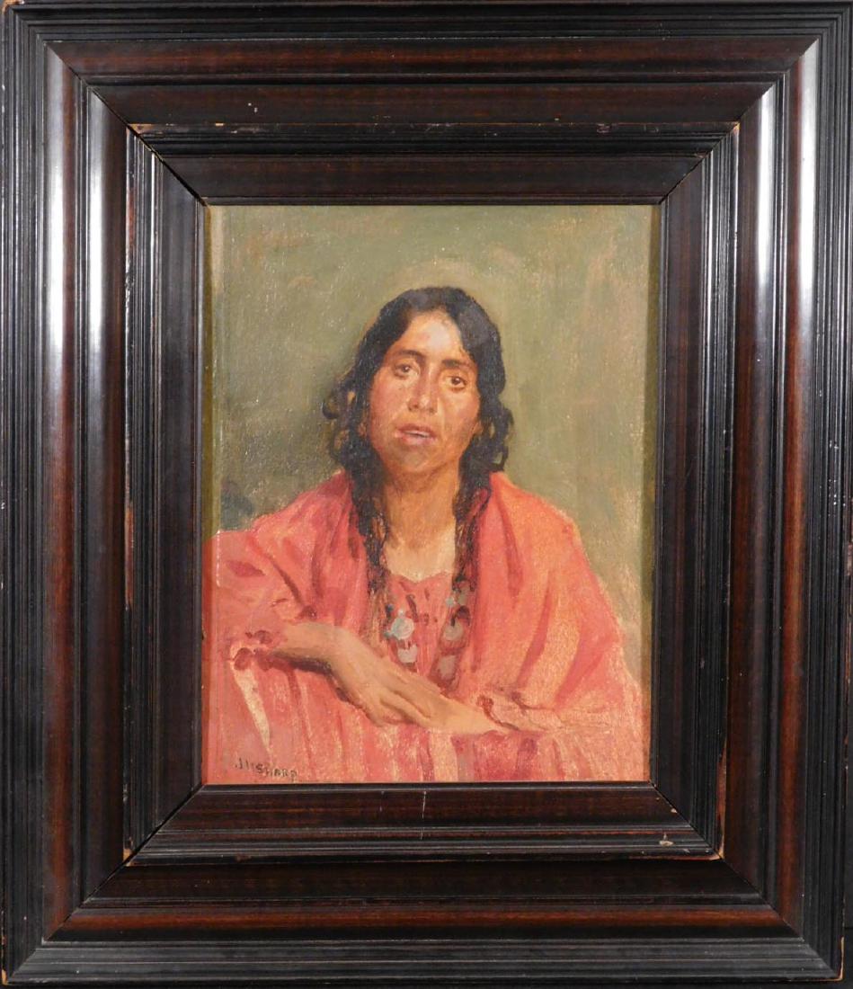 Joseph Henry Sharp: Portrait of a Native American Woman: Joseph Henry Sharp (American, 1859-1953) attributed: oil on paper laid to board, signed bottom left and verso, framed. Joseph Henry (JH) Sharp was the premier painter of the American southwest, ventur