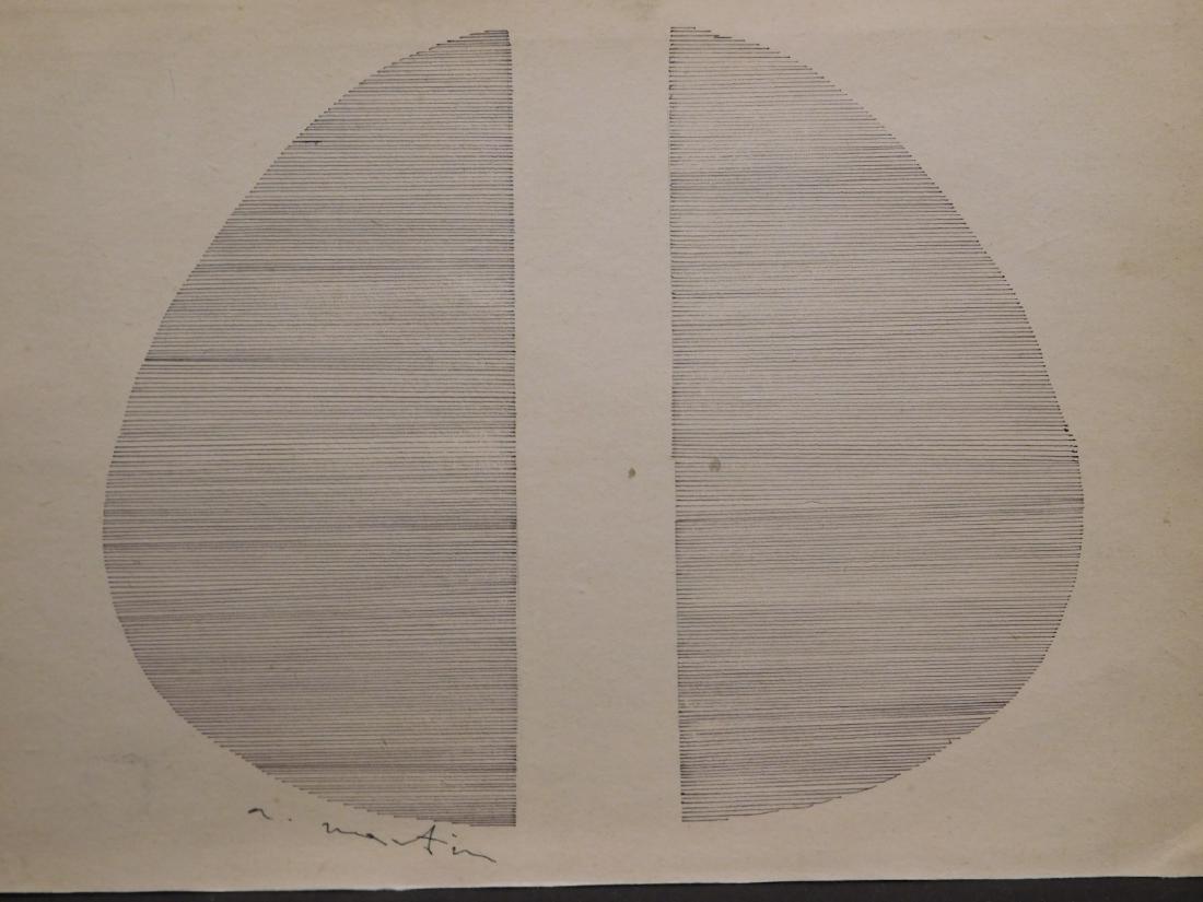Agnes Martin: Untitled Drawing: Agnes Bernice Martin (Canadian-American, 1912-2004)Attributed: Untitled Drawing. Ink on paper, signed, framed. Agnes Martin was an American abstract painter. Her work has been defined as an "essay in 