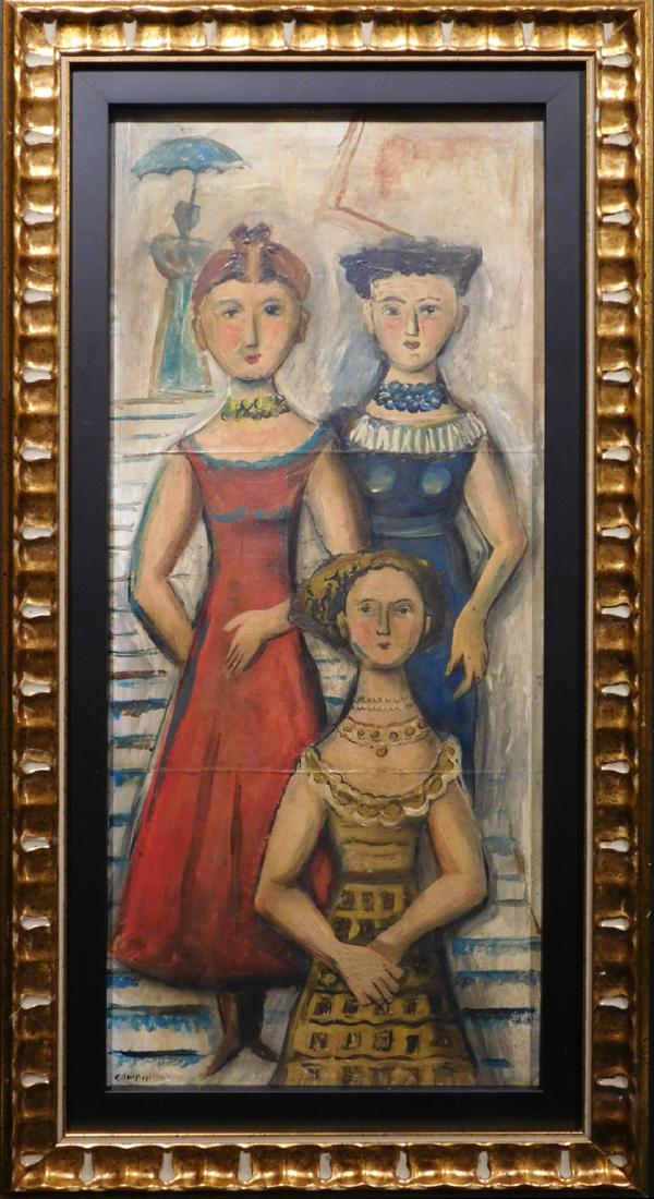 Massimo Campigli: Women on a staircase: Massimo Campigli (Italian, 1895-1971) Attributed: Oil on three sheets of laid paper laid to board, signed bottom left, framed, under museum glass. Massimo Campigli was an Italian painter, illustrator