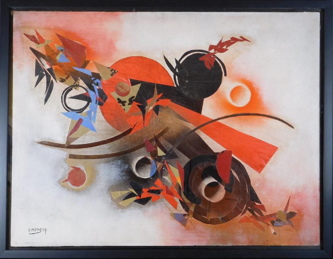 Wassily Kandinsky: Abstract Collage: Wassily Kandinsky (Russian, 1866-1944) Manner of: Abstract Collage. Mixed media on board, signed lower left, framed. Reverse bears Kandinski's monogram, and the remnant of a label with an unknown sign