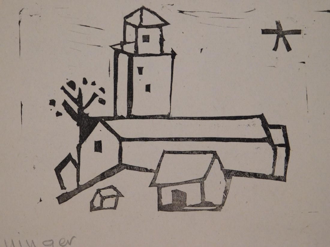 Lyonel Feininger: Monastery: Lyonel Feininger (American-German, 1871-1956) attributed: woodblock print, signed bottom left, with gallery stamp verso, unframed. Lyonel Feininger was a prominent member of Die Brucke and influential