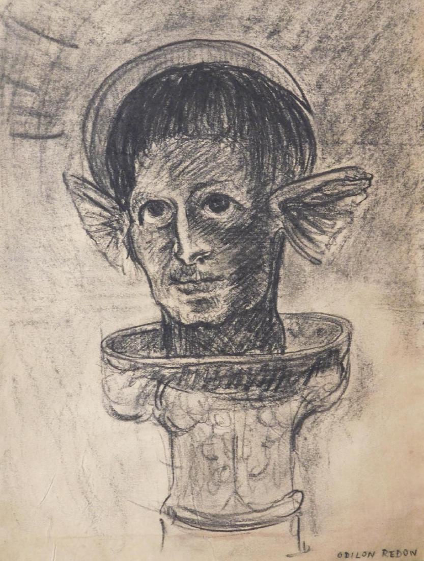 After Odilon Redon: Surreal Portrait: After Odilon Redon (1840-1916) Manner of: Surreal Portrait, charcoal on paper, verso bears the stamp of Collection Simon, Paris, signed. NOTE: From The Metropolitan Museum of Art, Leonard A. Lauder Re