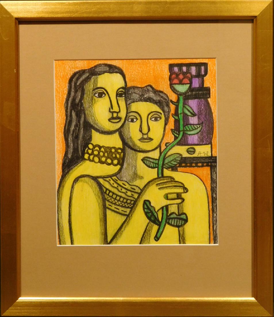 After Fernand Leger: Two Women with Flower: After Fernand Leger (French, 1881-1955) Manner of: Two Women with Flower. Colored pencil on paper, signed A W, matted and framed under glass.Dimensions: 9 x 7.5" Sight size/ 15 x 13" Framed.