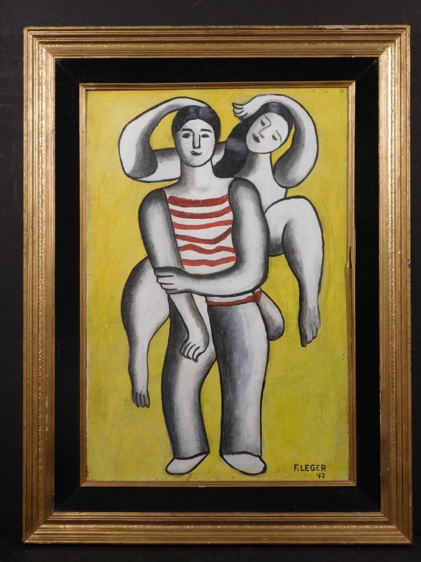 After Fernand Leger: Couple: Fernand Leger (French, 1881-1955) after: oil on canvas, signed bottom left, decorative label and wax seal, verso, framed. Joseph Fernand Henri LÃ©ger was a French painter, sculptor, and filmmaker. I