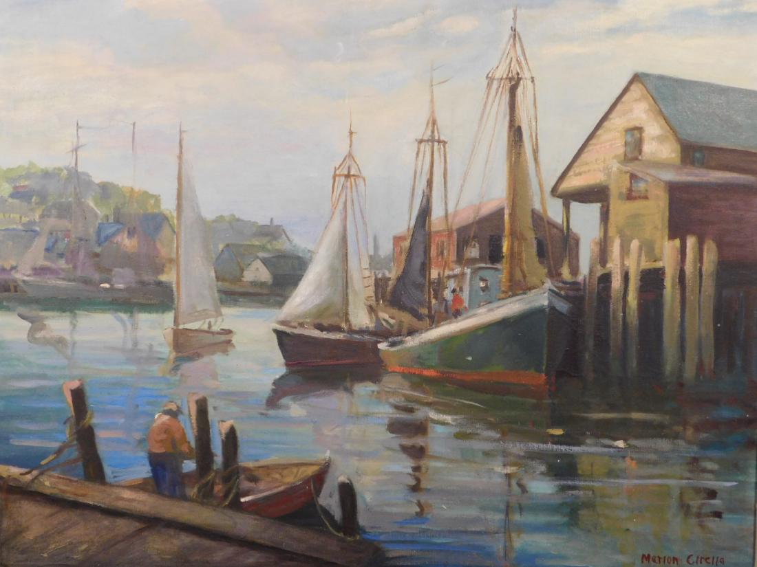 Marion Cirella: Harbor Scene: oil on canvas, framed, signed. Dimensions: 22 1/2 x 27 3/4 canvas, 27 x 32.5" frame Condition: Very good condition