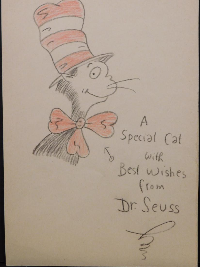 Dr. Seuss: Cat in the Hat Sketch: Dr. Seuss (American, 1904-1991) attributed: colored pencil on paper, signed and inscribed "A special cat with Best Wishes From Dr. Seuss", unframed. Theodor Seuss Geisel was an American author, politi