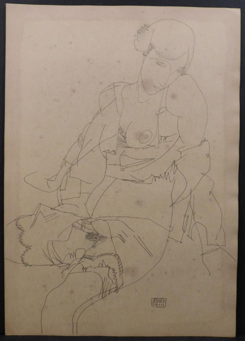 Egon Schiele: Semi-Nude Sitting Woman: Egon Schiele (Austrian, 1890-1918)Attributed: Pencil on paper, signed and dated bottom, unframed. Egon Schiele was a leading figure of the Austrian Expressionist movement most well known for his emoti