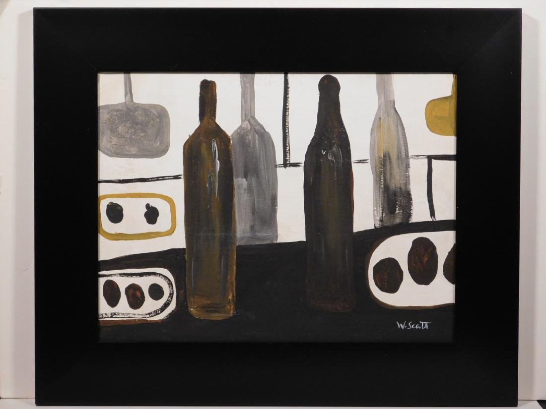 William Scott: Abstract Still Life with Vases: William Scott (British, 1913-1989), Maner of: Abstract Still Life with Bottles, Oil on Canvas, signed bottom right. Framed. William Scott is perhaps the best known artist of Ulster in the twentieth ce