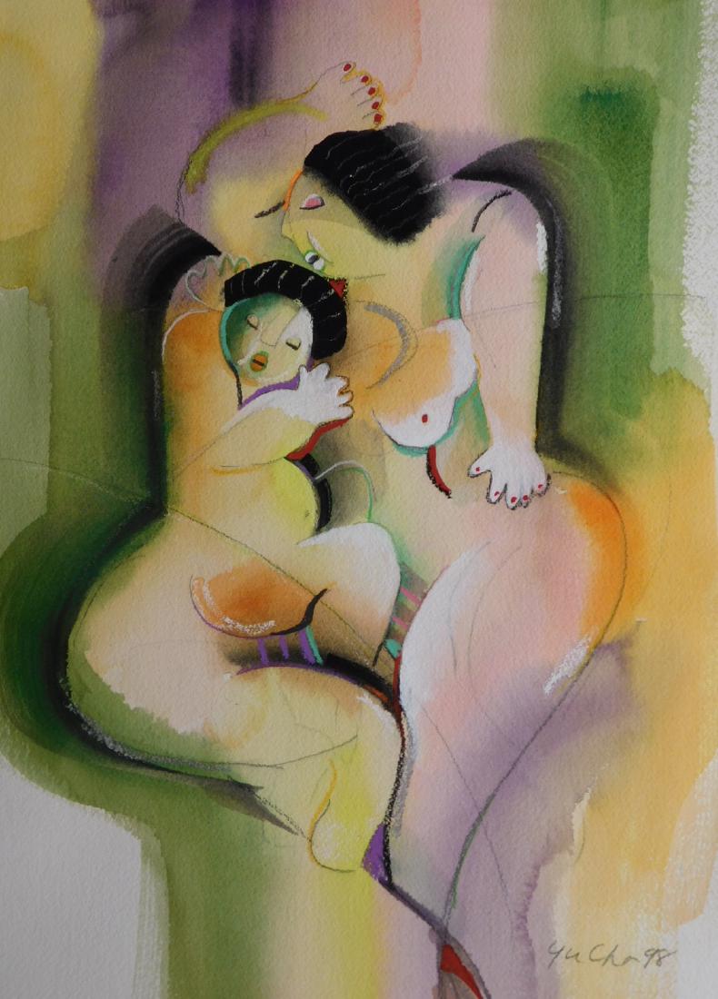 Yu Cha Pak: Reclining Females: Yu Cha Pak (Korean, 20th c) Reclining Females: Mixed media including watercolor, gouache, pastel, silver paint and graphite on watercolor paper, signed and dated lower right, unframed. Yu Cha Pak was 