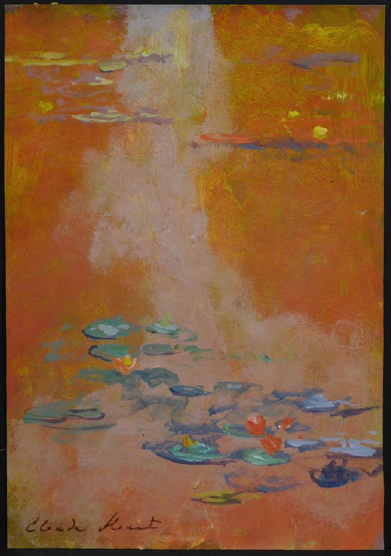 Claude Monet: Waterlillies: Claude Monet (1840-1926, France) attributed: Waterlillies, tempera and gouache on paper, signed, verso marked with stamp of Collection Forestal, Nice, France and reference number, framed. 11.2x7.5 " p