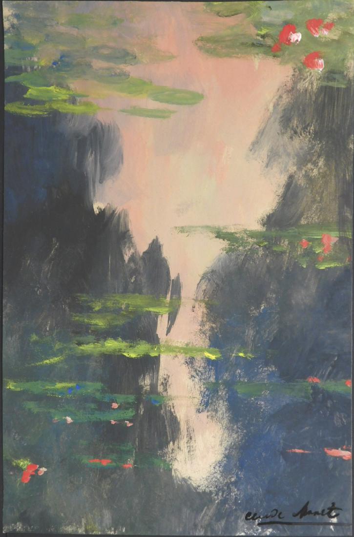 Claude Monet: Waterlilies: Claude Monet (1840-1926) Manner of: Waterlilies, tempera on paper, signed, verso gallery stamp and reference number on back. Framed. Claude Monet was a founder of French Impressionist painting, and th