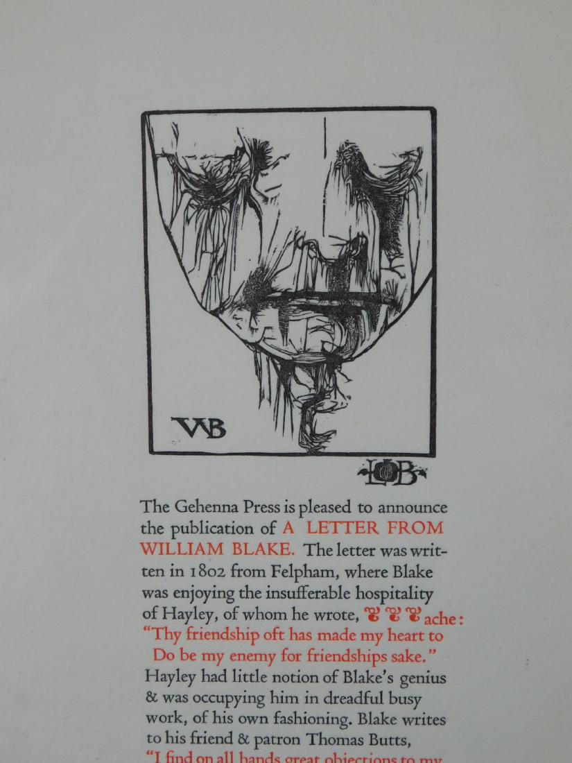 Leonard Baskin: A Letter from William Blake: Leonard Baskin (American, 1922-2000): Announcement for A Letter from William Blake, published by Baskin's Gehenna Press. Letterpress and wood-engraved portrait of William Blake on paper, signed in the