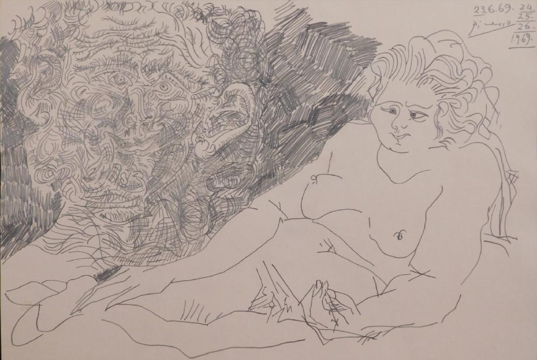 Pablo Picasso: Reclining Nude Woman and Man: Pablo Picasso (Spanish, 1881-1973) Attributed: Reclining Nude Woman and Man. pencil on paper, signed and 23.6.69 24.25.26. 1.7.69. top left, unframed. Picasso was the most dominant and influential art
