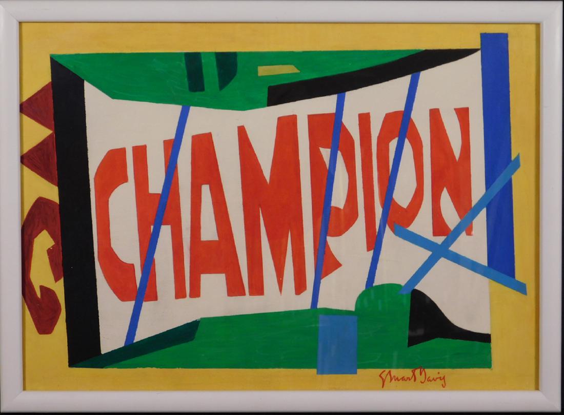 Stuart Davis: Champion: Stuart Davis (American, 1892-1964)Attributed: Champion, oil on illustration board, signed lower right, framed. One of America's first modern artists and a forefather of Pop art, Stuart Davis began his