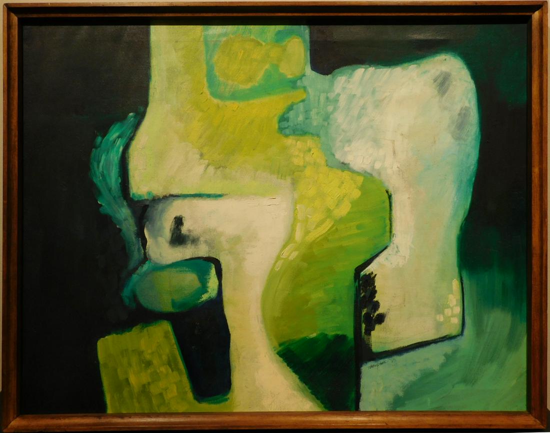 John Thompson: Abstract Composition: John Thompson (American, 1940- ): Abstract Composition, oil on canvas , signed and dated '63, framed. John Thompson is a printmaker and teacher based out of Waltham, MA. He draws inspiration from spec