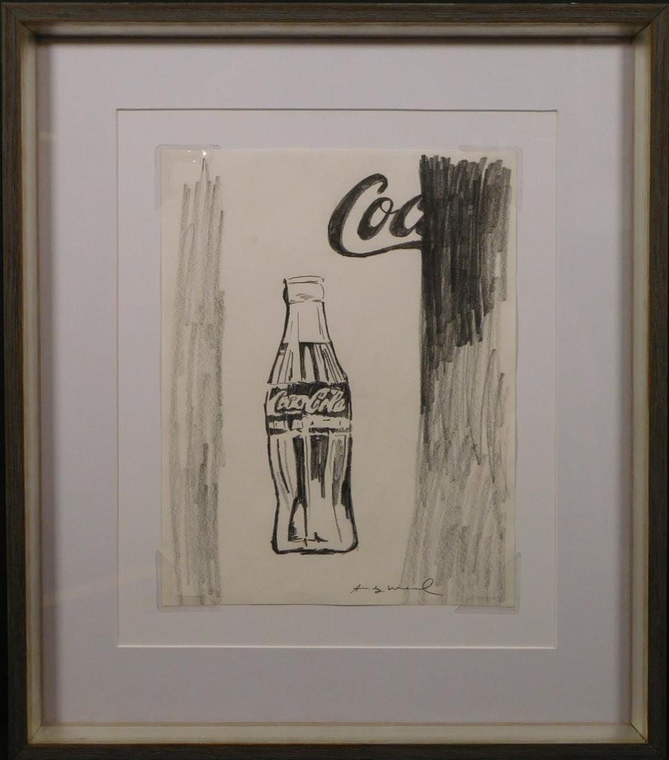 Andy Warhol: Coca Cola Bottle: Andy Warhol (American, 1928-1987) Attributed: Coca Cola Bottle, pencil on paper, signed bottom right and verso, stamped contemporary masters exhibition verso, framed. Andrew Warhola was an American ar