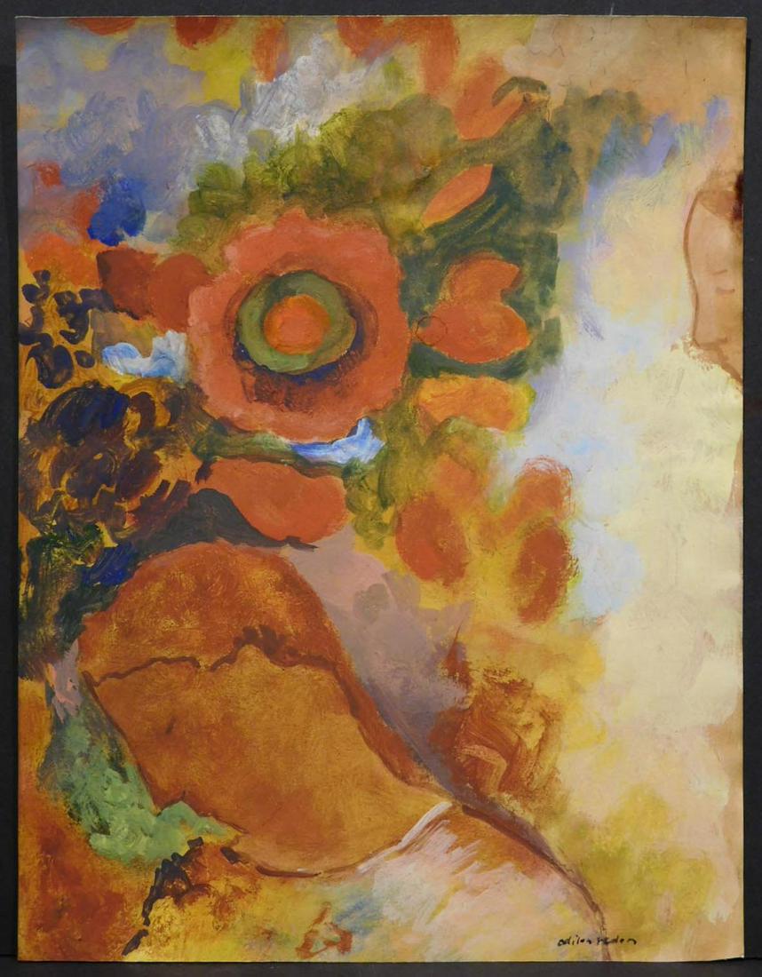 After Odilon Redon: Heads with Flowers: Odilon Redon (French, 1840-1916) After: oil on paper, signed bottom right, framed. Odilon Redon was a prints man, draftsman, and painter best known for his brightly colored still lifes, which oftentim