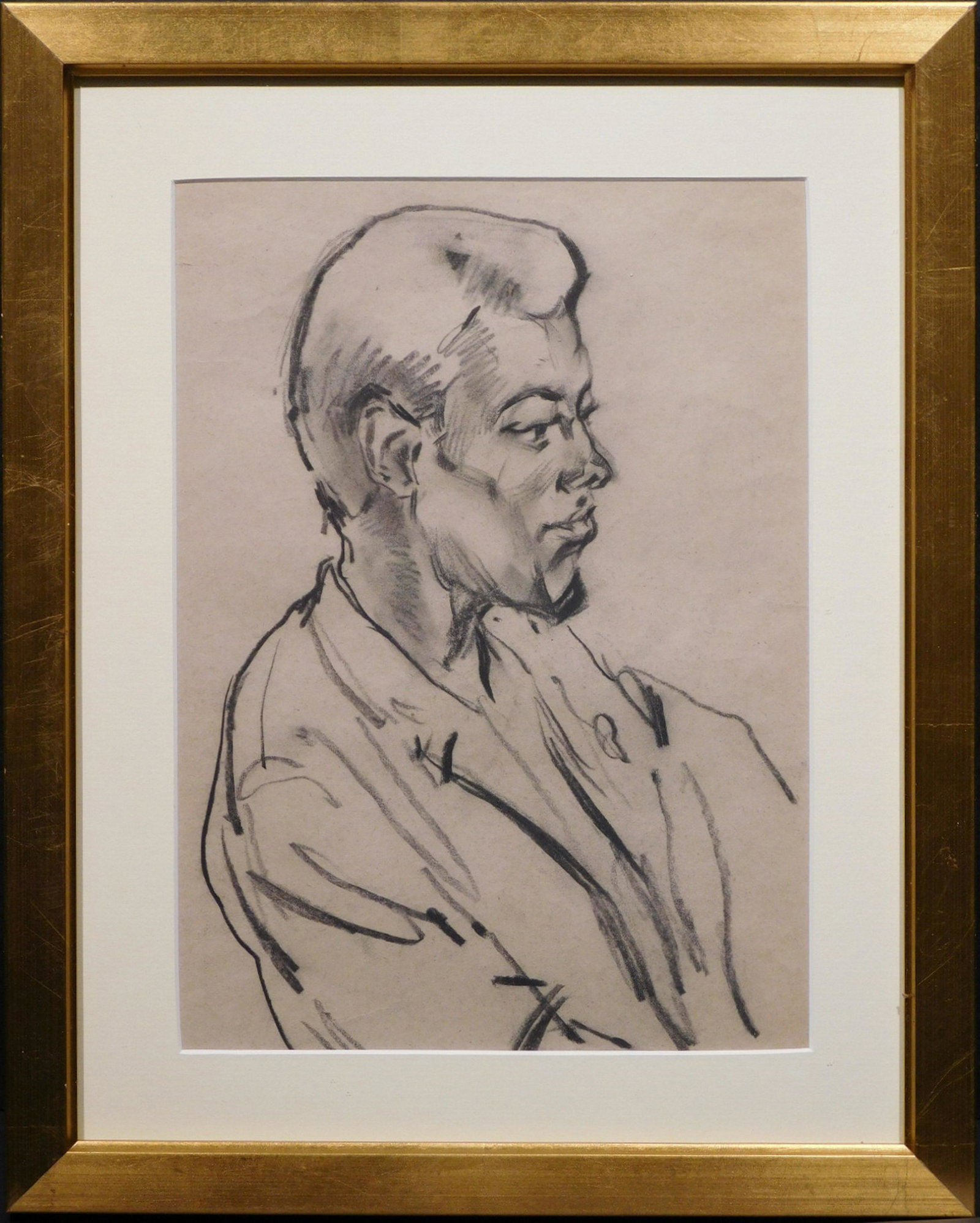 Portrait of a Young Man With Beard, Charcoal Drawing: Artist unidentified: Portrait of a Young Man With Beard, Unsigned, c.1958. Charcoal Drawing. 8 x 11" paper, 12 1/2 x 15 1/3" frame