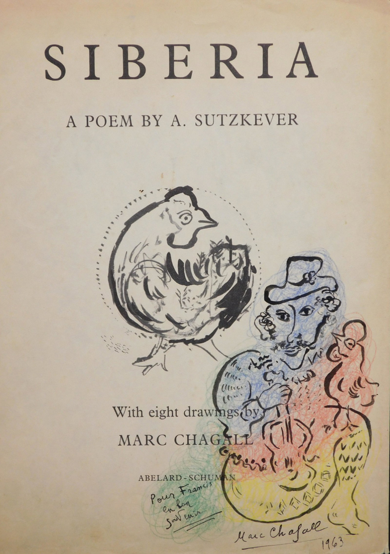 Marc Chagall: 1963 Drawing of a Violinist: Marc Chagall (1887-1985) Attributed: Drawing of a Violinist. signed and dated 1963. Ink drawing with crayon (violinist) and offset litho (chicken) on title page of drawings for a poem by A. Sutzkever.