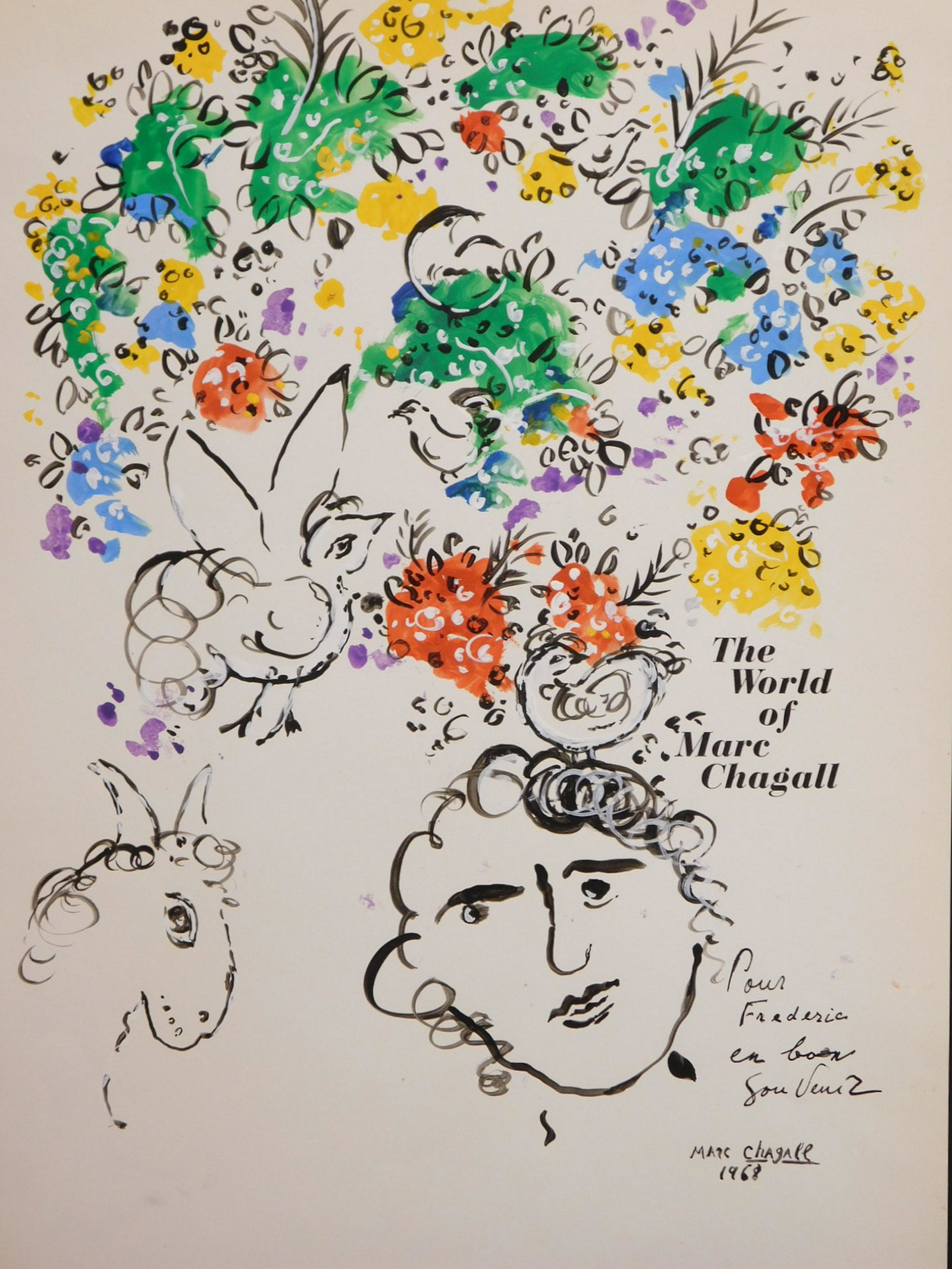 Marc Chagall: 1968 Drawing/Painting: Marc Chagall (1887-1985) Attributed: 1968 Drawing/Painting. Signed drawing dated 1968. Gouache watercolor and black ink drawing executed on the half-title page of The World of Marc Chagall published i