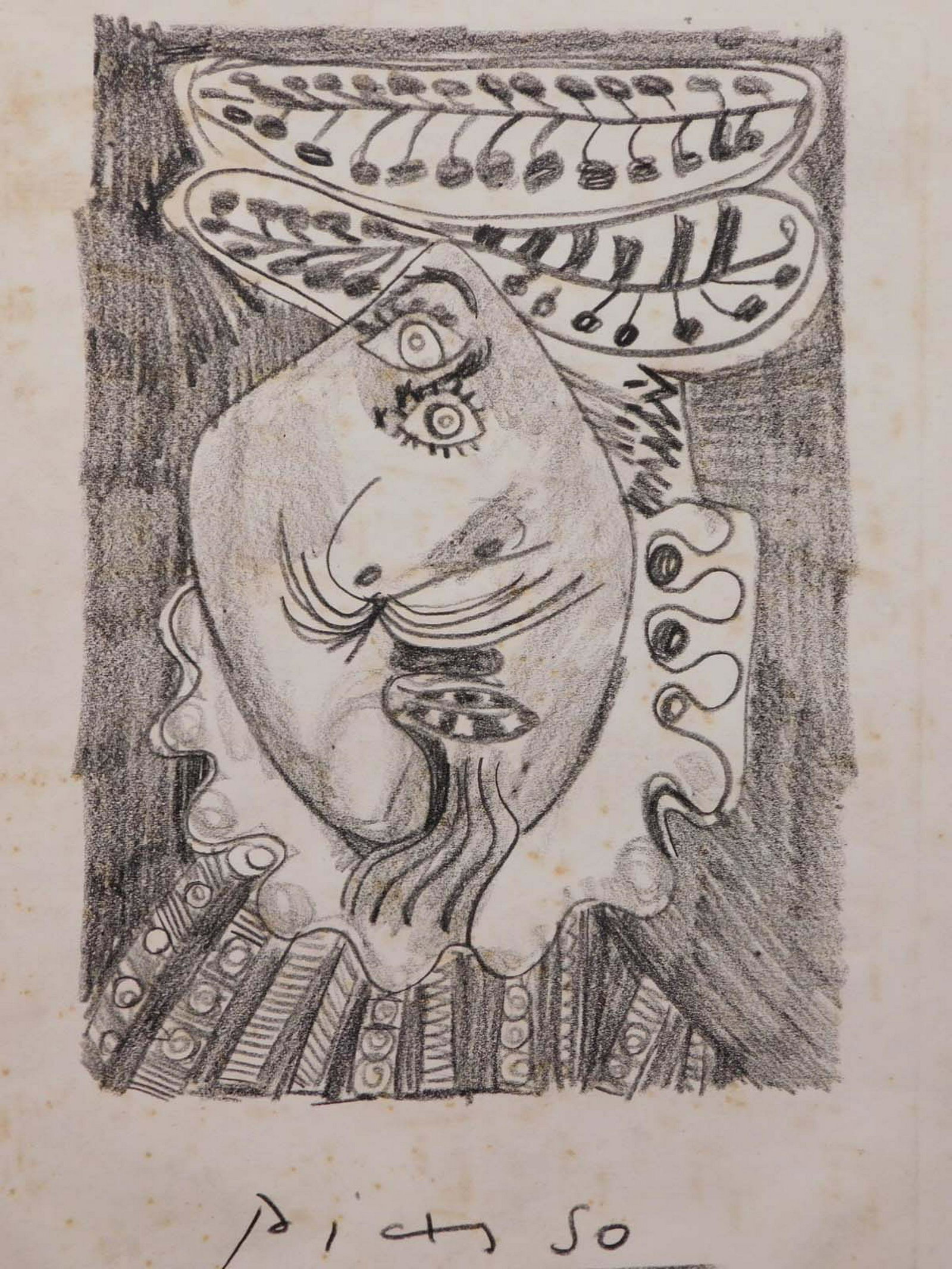 Pablo Picasso: Abstract Face: Pablo Picasso (Spanish, 1881-1973) attributed: Abstract Face. Crayon on sheet music, signed, unframed.Â Picasso was the most dominant and influential artist of the first half of the twentieth centur