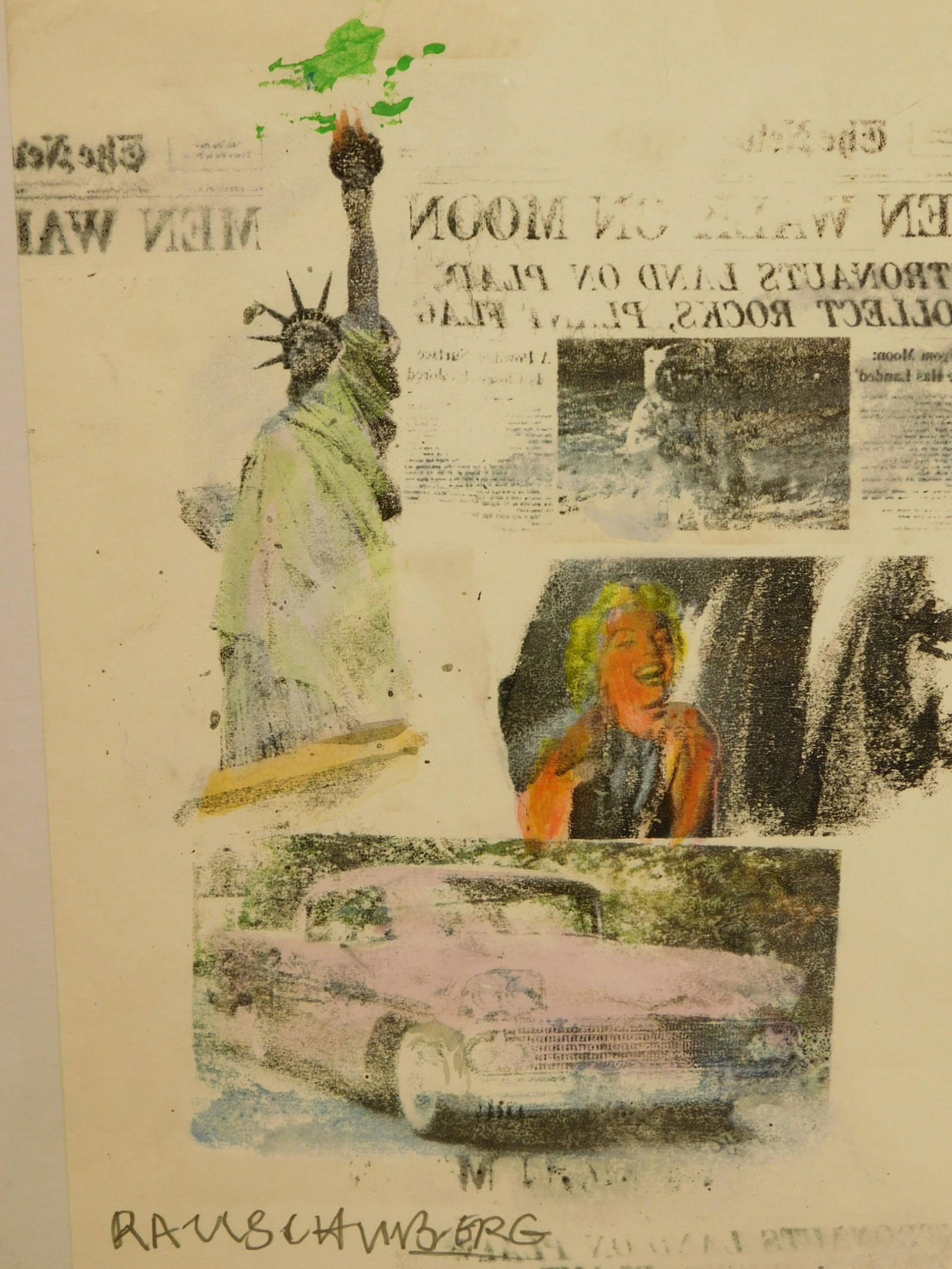 Robert Rauschenberg: Newspaper and American Iconography: Robert Rauschenberg (American, 1925 - 2008) Attributed: Newspaper and American Iconography. Mixed media, ink and acrylic, signed lower left, framed. Robert Rauschenberg worked in a wide range of mediu
