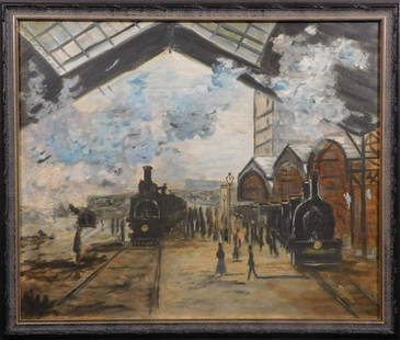 After Claude Monet: Gare Saint Lazare: Claude Monet (French, 1840-1926) after: Gare Saint Lazare, Oil on canvas, unsigned, framed. was a founder of French Impressionist painting, and the most consistent and prolific practitioner of the mov