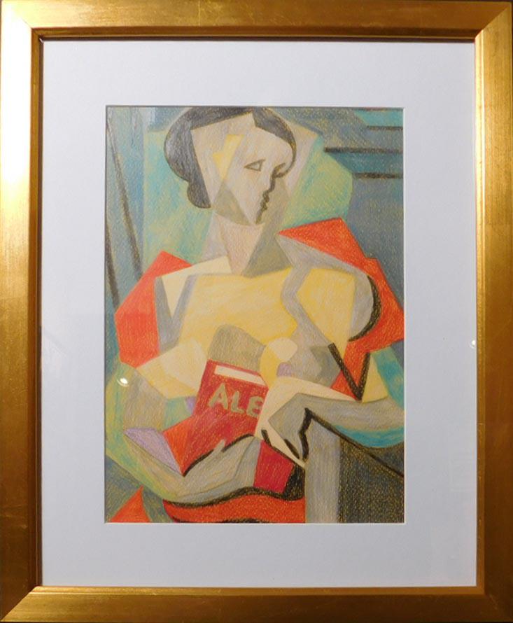 After Jean Metzinger: Woman with Book: After Jean Metzinger (French, 1883-1956)After: Woman with Book. Colored pencil on paper, signed A.W., Framed. Dimensions:10.75 x 7.5" (paper), 16.25 x 13" (frame)