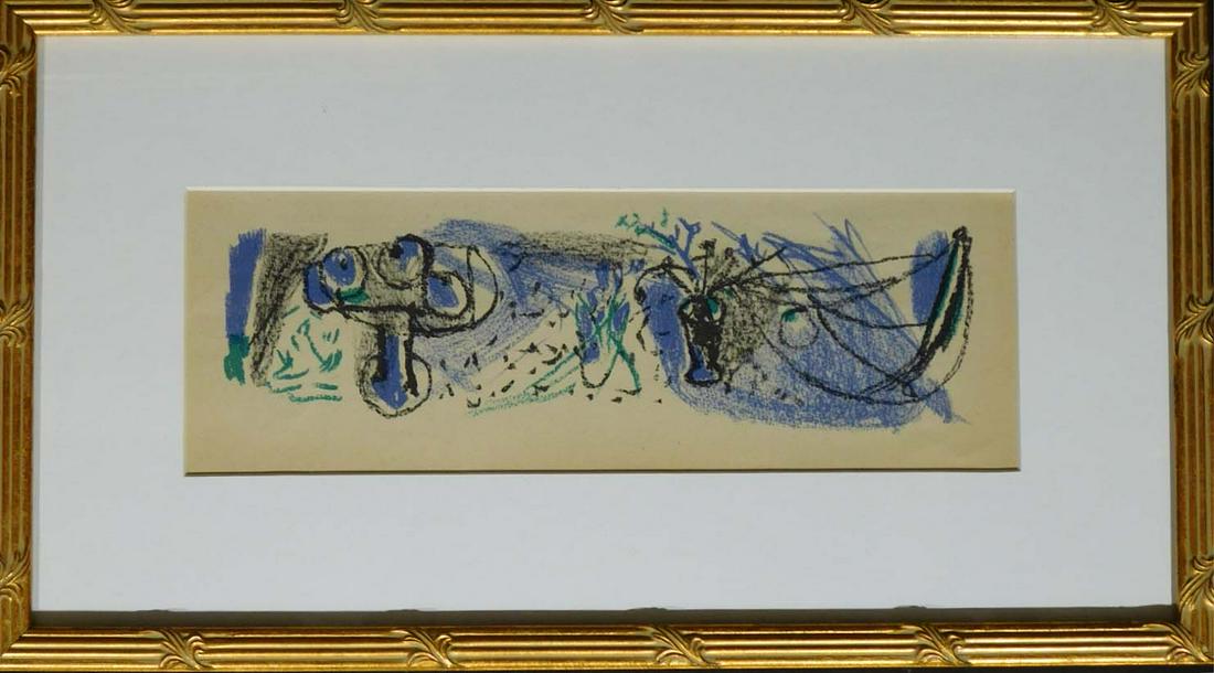 Andre Marchand: Still Life with Fruit and Flowers,: Andre Marchand: Still Life with Fruit and Flowers, Lithograph in colors on paper, unsigned, from an issue of Derriere le Miroir - 1947, framed. Dimensions: 3.25 x 10.5 inches sight size/ 8.3 x 15.25 i