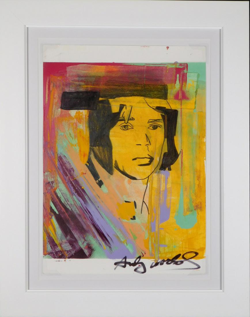 Andy Warhol: Mick Jagger Portrait: Andy Warhol (American 1928-1987)Attributed: Portrait of Mick Jagger. Mixed media (including acrylic silkscreen and ink) on paper signed lower right margin and verso unframed. Marked on reverse by a re