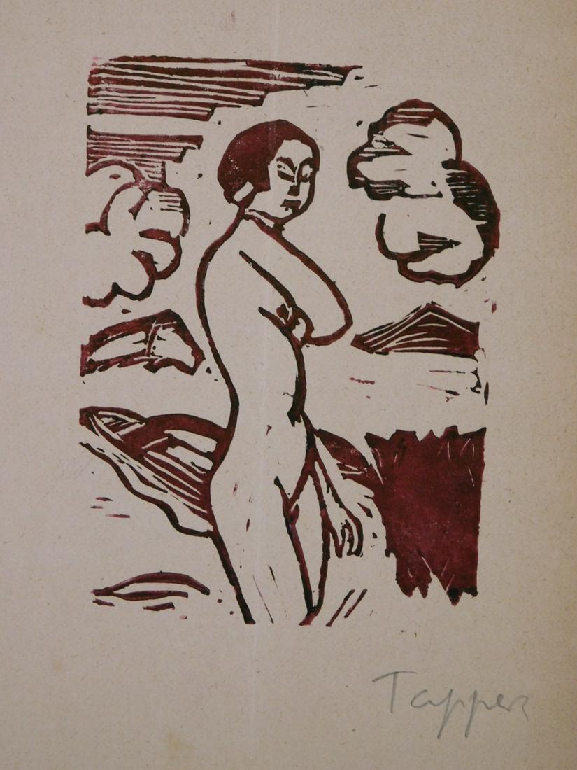 Georg Tappert: Standing female nude in landscape: Manner of Georg Tappert (German, 1880-1957): Standing female nude in landscape. Woodcut on paper, signed, verso collector's stamp, unframed. Dimensions: 8.25 x 6" paper Dimensions:8.25 x 6" paper