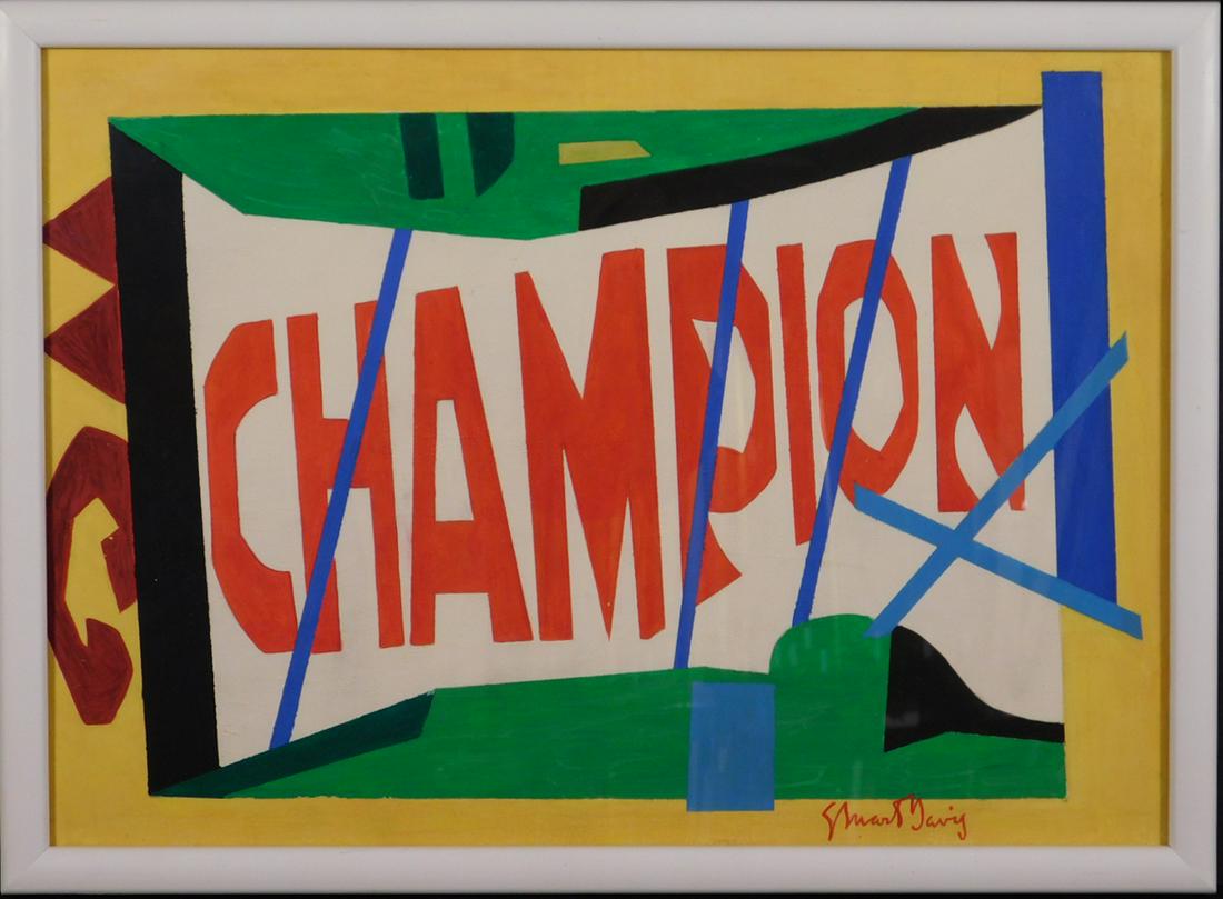 Stuart Davis: Champion: Stuart Davis (American, 1892-1964)Attributed: Champion, oil on illustration board, signed lower right, framed. One of America's first modern artists and a forefather of Pop art, Stuart Davis began his