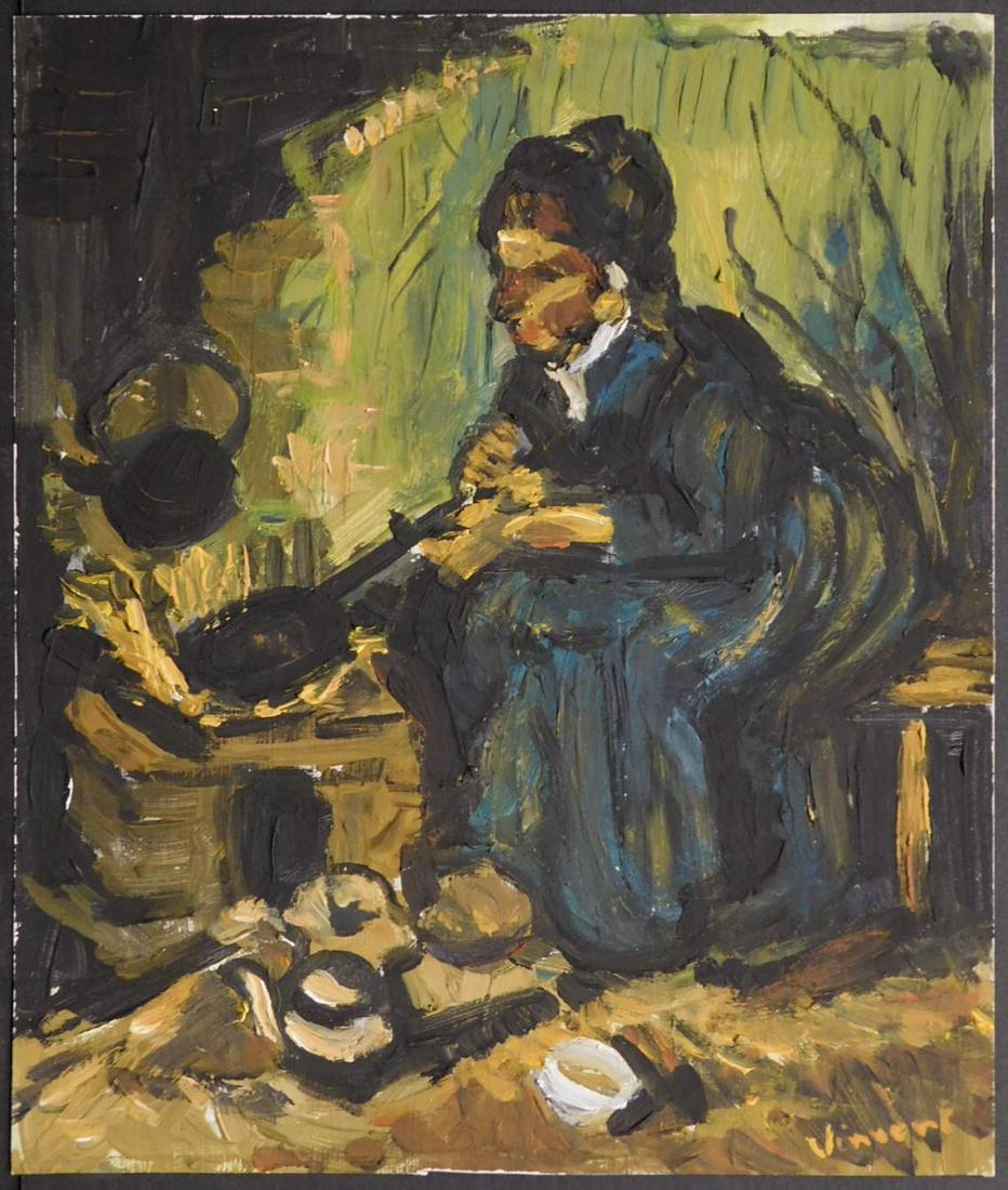 Vincent van Gogh (1853-1890): Peasant Woman: Vincent van Gogh (1853-1890) in the manner of: Peasant Woman, tempera and oil on paper, signed, verso decorative stamp and reference number. Framed. Dimensions:9.4x7.8 in. image