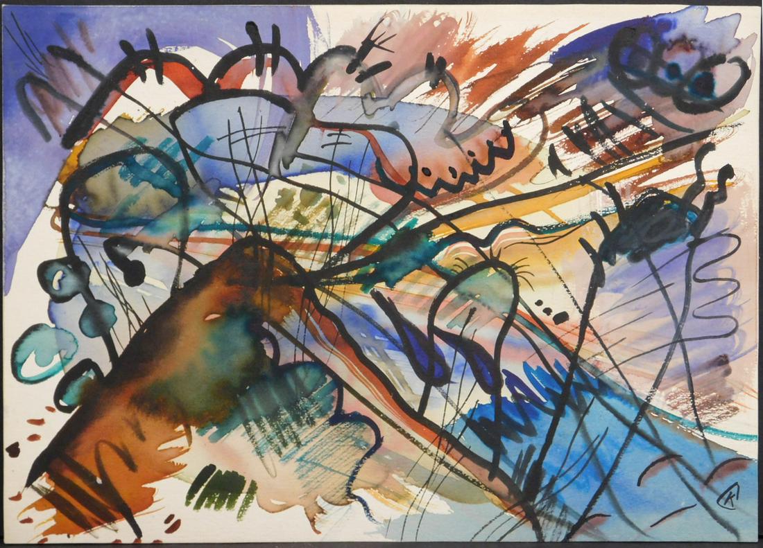 Wassily Kandinsky Watercolor: Wassily Kandinsky (1866-1944)(Attributed): Untitled composition, watercolor on paper, signed front and back with artist's monogram. Dimensions:7.8 x 10.9"