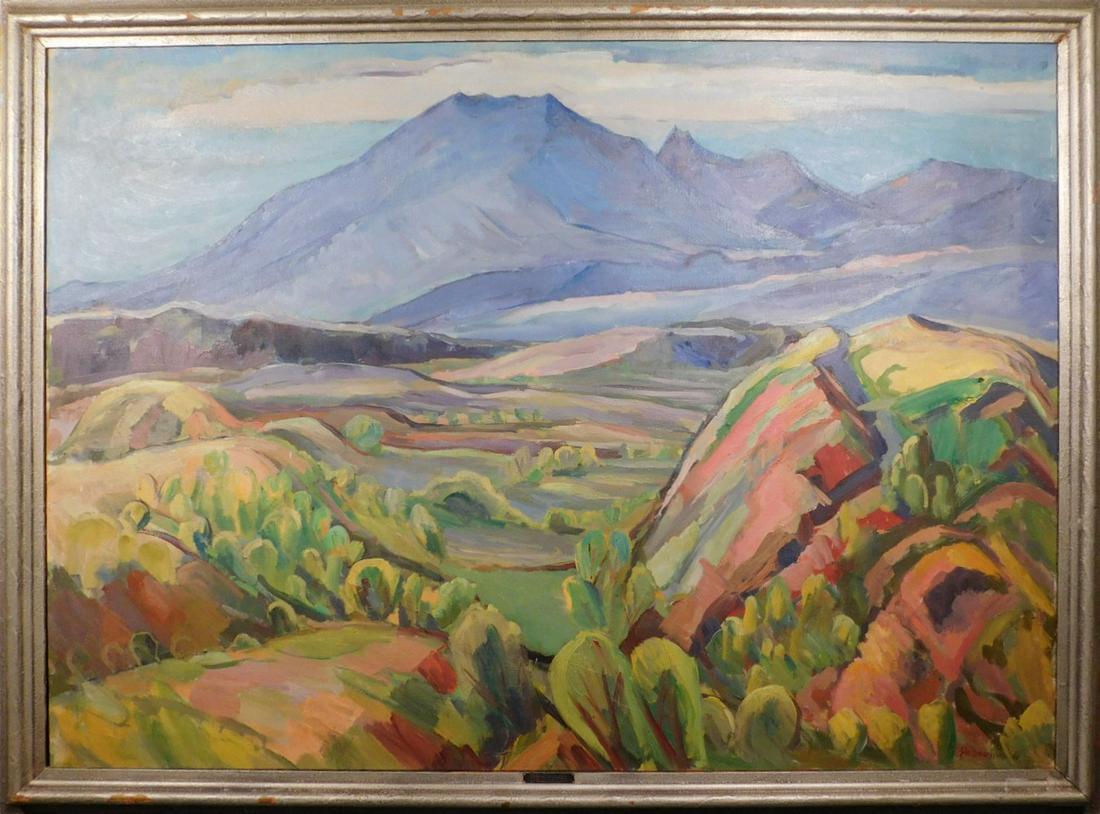 Jon Thorleifsson: Icelandic Mountain: Jon Thorleifsson (Icelandic, 1891 -1961): Icelandic Mountain. Oil on canvas, signed lower right, framed with plaque designating this painting as a gift to Thordur Stefansson (a landscape painter of hi