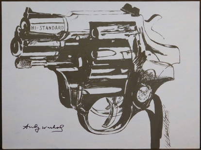 Andy Warhol: Blue Gun Study: Andy Warhol (American, 1928-1987) Attributed: Blue Gun Study, acrylic on paper, signed front and back, unframed. This is possibly a study for a series of screenprints Warhol did in the early 80's. 