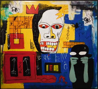 Jean-Michel Basquiat: Blood: Jean-MichelÂ BasquiatÂ (American, 1960-1988) manner of: Blood, mixed media on canvas, signed and dated 1984 bottom right, framed. BasquiatÂ first achieved fame as part of SAMO, an informal