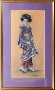 Patti Klayman: Geisha Portrait: Patti Klayman: Geisha Portrait, pastel on paper, signed lower right, dated and signed on back of frame. 27 x 16 inches framed.