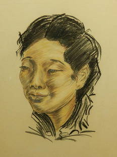 Portrait of an Asian Woman: Portrait of an Asian Woman: crayon on paper, unsigned, c.1950, framed.