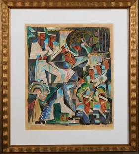 Russian 1920s Cubist Gouache: Russian 1930s Artist: Abstract Composition, Gouache on paper, initialed in Cyrillic, framed. 10.75 x 13" paper, 16.75 x 18.75" frame